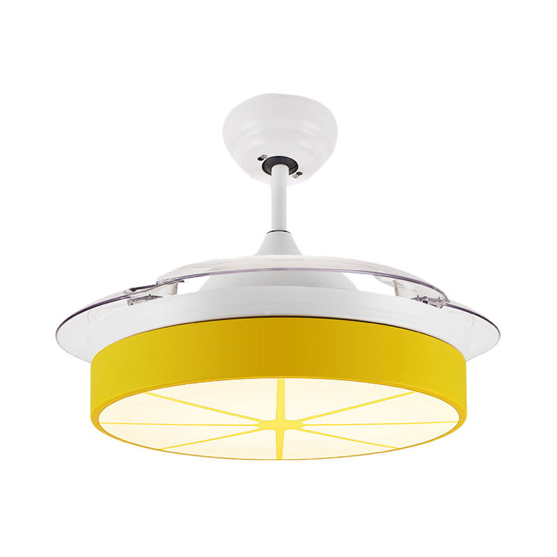 Minimalist Round Semi Flushmount Acrylic Bedroom LED Hanging Fan Light Fixture in Yellow with 3 Clear Blades, 42" Wide