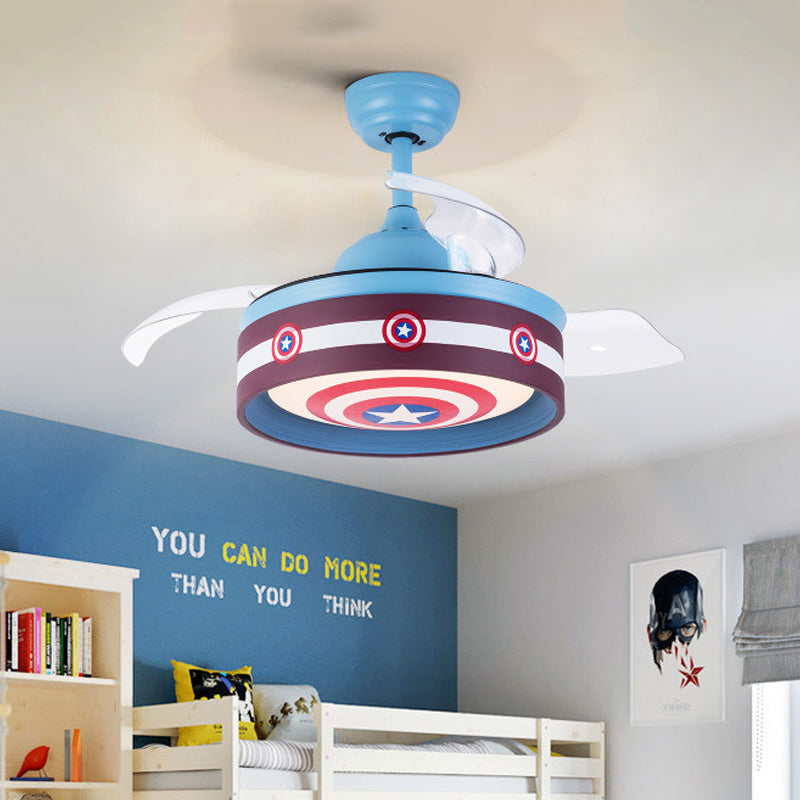 Pink/Blue Round 3 Blades Semi Flush Light Kids LED Metallic Hanging Ceiling Fan Lamp with Hero Shield Pattern, 36" Wide