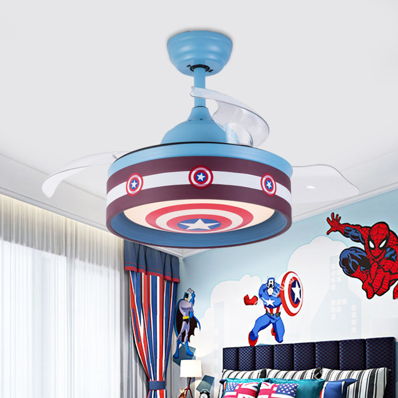 Pink/Blue Round 3 Blades Semi Flush Light Kids LED Metallic Hanging Ceiling Fan Lamp with Hero Shield Pattern, 36" Wide