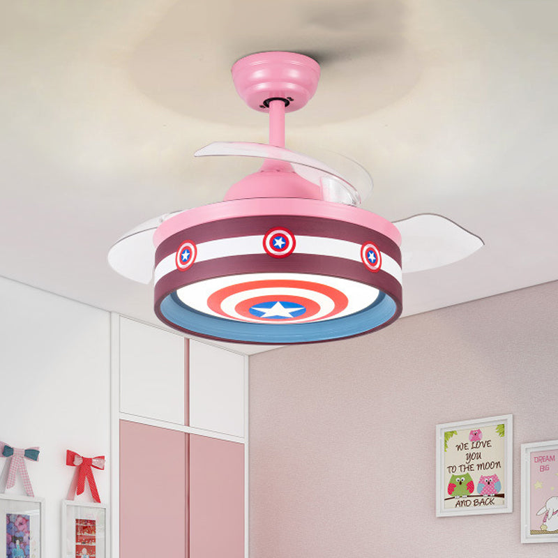 Pink/Blue Round 3 Blades Semi Flush Light Kids LED Metallic Hanging Ceiling Fan Lamp with Hero Shield Pattern, 36" Wide