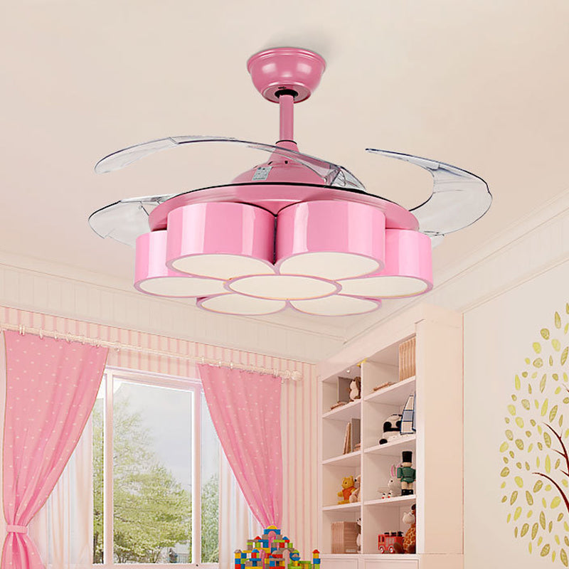 42" W Flower Bedroom Ceiling Fan Light Fixture Metal LED Kids Semi Flush Mounted Lamp in Pink with 3 Clear Blades, Remote/Wall and Remote Control