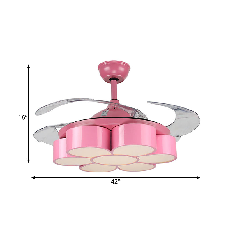 42" W Flower Bedroom Ceiling Fan Light Fixture Metal LED Kids Semi Flush Mounted Lamp in Pink with 3 Clear Blades, Remote/Wall and Remote Control