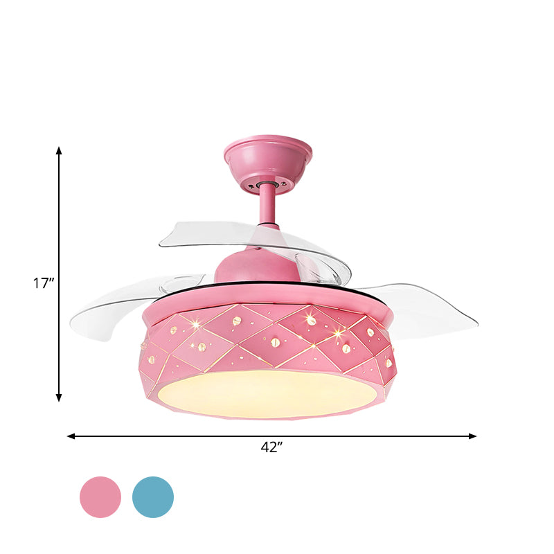 3 lames tambour métallique Éclairage de ventilateur suspendu modernisme 42 "W LED LED à chasse d'eau en rose / bleu avec de la teinte acrylique, télécommande / mur et télécommande