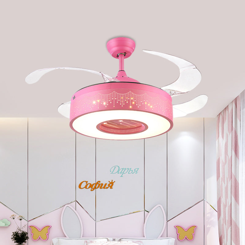 Ring Metal Semi Flush Lighting Kids Pink/Blue Finish 4 Blades LED Pendant Fan Lamp for Bedroom, 42" Wide