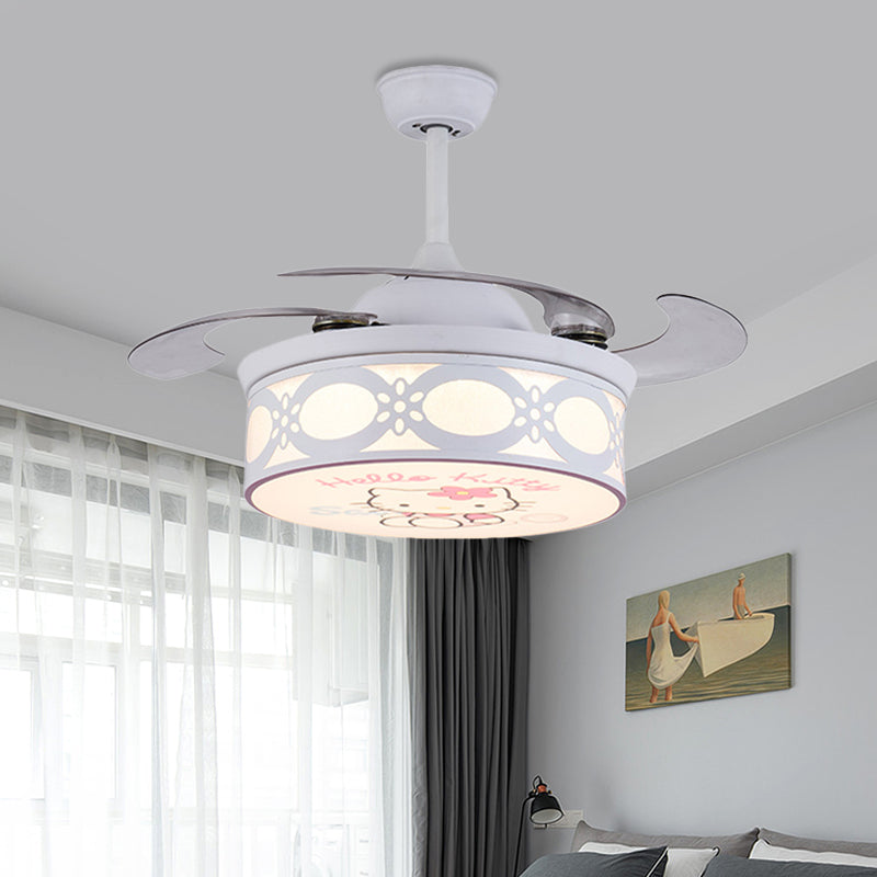 4 Blades Drum Semi Flush Mount Lamp Kids Metal Bedroom 36" W LED Hanging Pendant Fan Light in White/Pink with Cartoon Cat Pattern, Remote/Wall and Remote Control