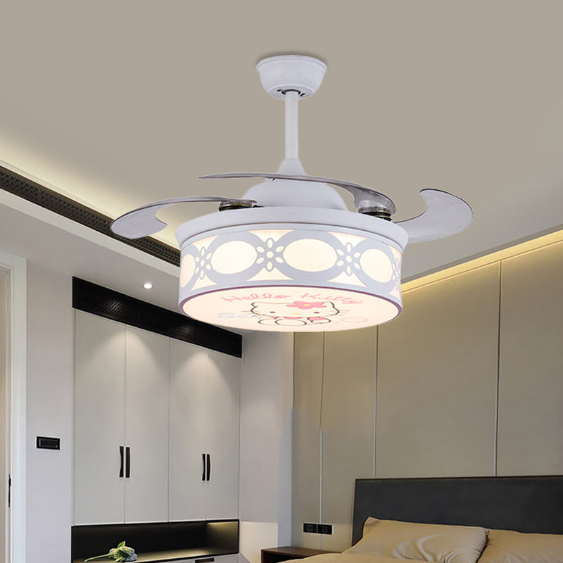 4 Blades Drum Semi Flush Mount Lamp Kinderen Metalen slaapkamer 36 "W LED Hangende hangerslamp in wit/roze met cartoonkattenpatroon, op afstand/muur en afstandsbediening