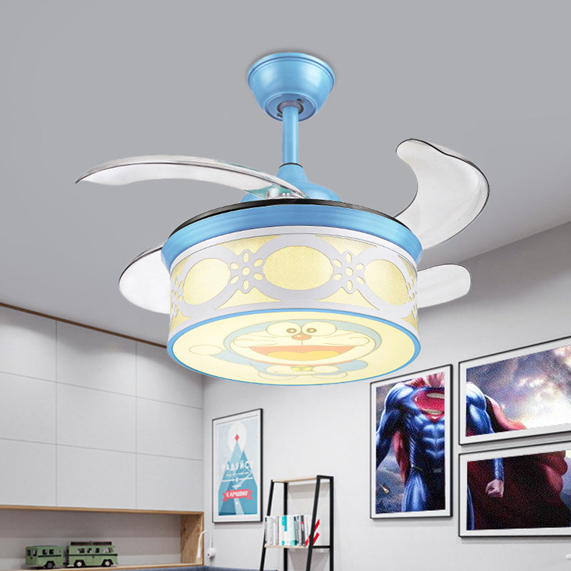 36" W Blue Drum Pendant Ceiling Fan Light Kids Metallic LED Semi Flushmount for Bedroom with 4 Clear Blades, Wall and Remote/Remote Control