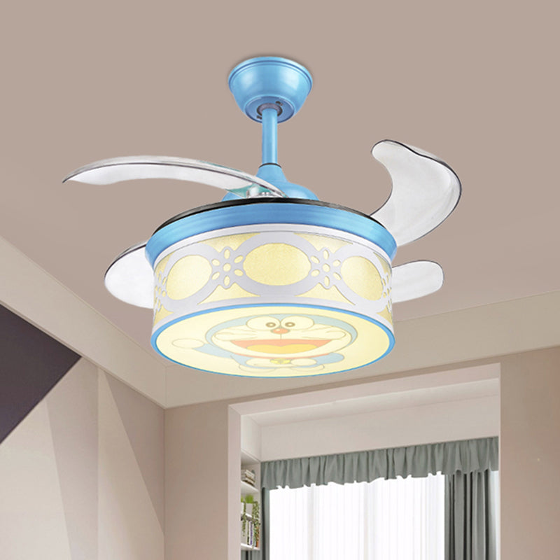 36" W Blue Drum Pendant Ceiling Fan Light Kids Metallic LED Semi Flushmount for Bedroom with 4 Clear Blades, Wall and Remote/Remote Control