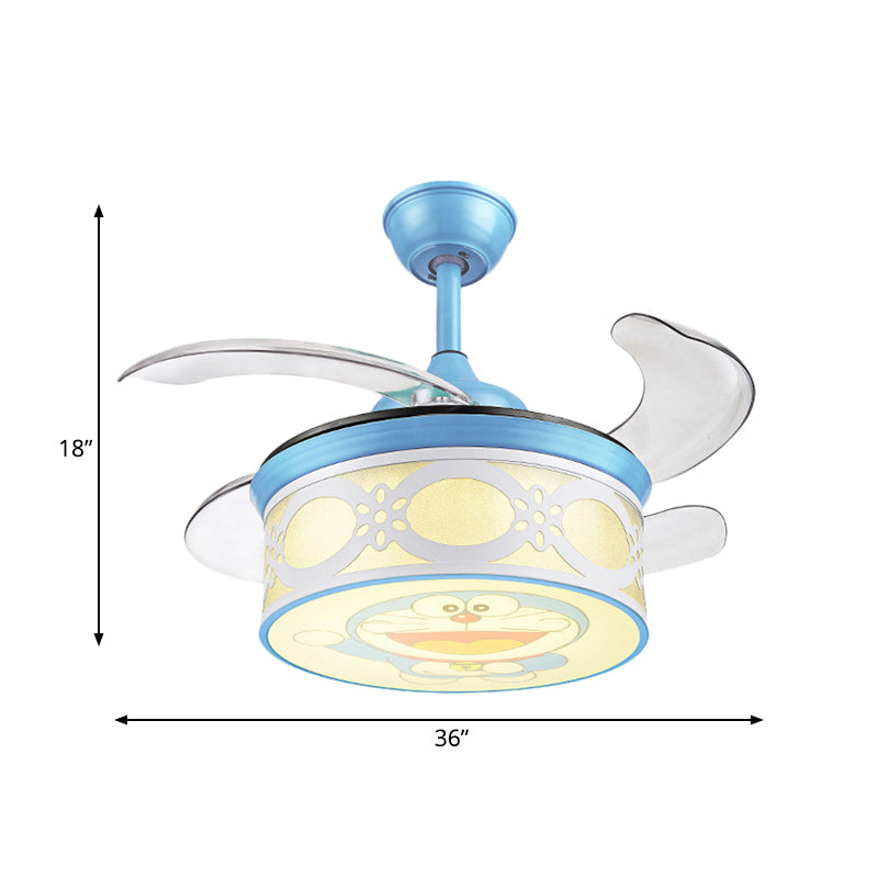 36" W Blue Drum Pendant Ceiling Fan Light Kids Metallic LED Semi Flushmount for Bedroom with 4 Clear Blades, Wall and Remote/Remote Control