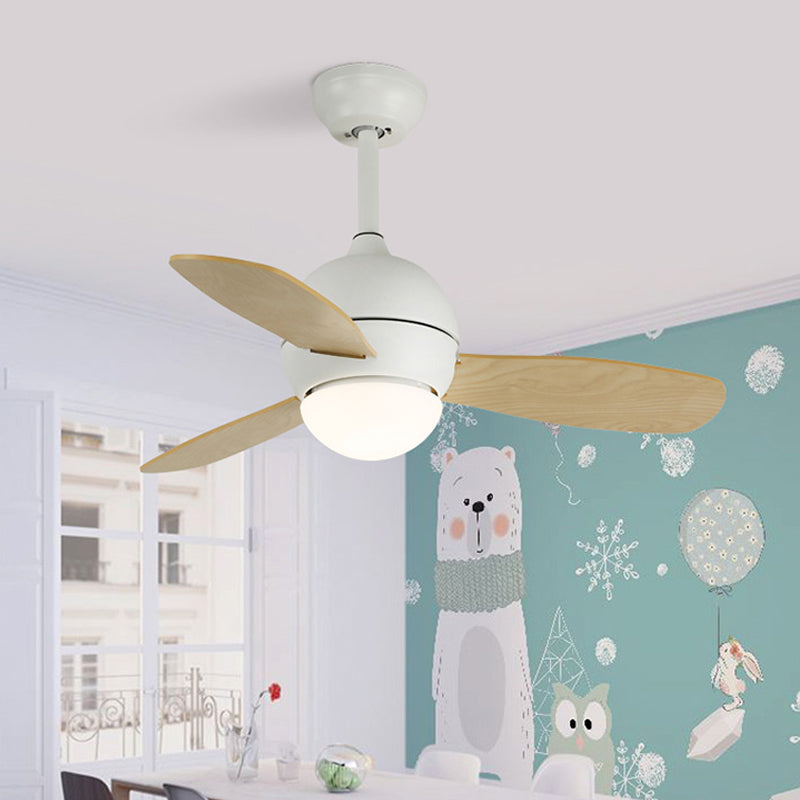 Dome Kids Bedroom Pendant Fan Lamp Metal 36" W LED Modern Semi Flush Ceiling Light in White/Yellow/Blue with Wall/Remote Control, 3 Wood Blades