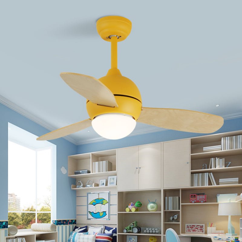 Dome Kids Bedroom Pendant Fan Lamp Metal 36" W LED Modern Semi Flush Ceiling Light in White/Yellow/Blue with Wall/Remote Control, 3 Wood Blades