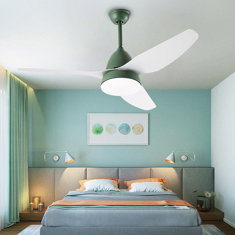 Modern 50" W LED Ceiling Fan Lighting with Acrylic Shade Grey/Yellow/Green Cone Semi Flush Lamp over Dining Table, 3 White Blades