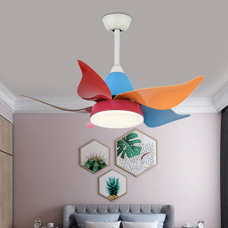 White Floral Fan Lighting Modern Nordic Style 35.5" Wide LED Metal Semi Flush Ceiling Lamp for Living Room with 5 Colorful Blades