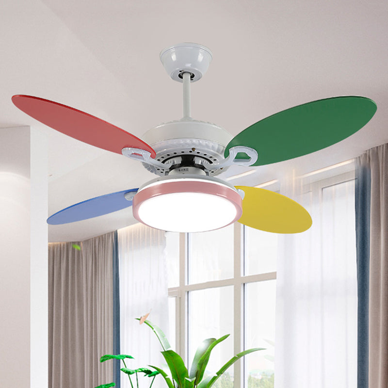 42" W Round Acrylic Semi Flushmount Nordic Kids LED Hanging Ceiling Fan Lamp in White with 4 Colorful Blades