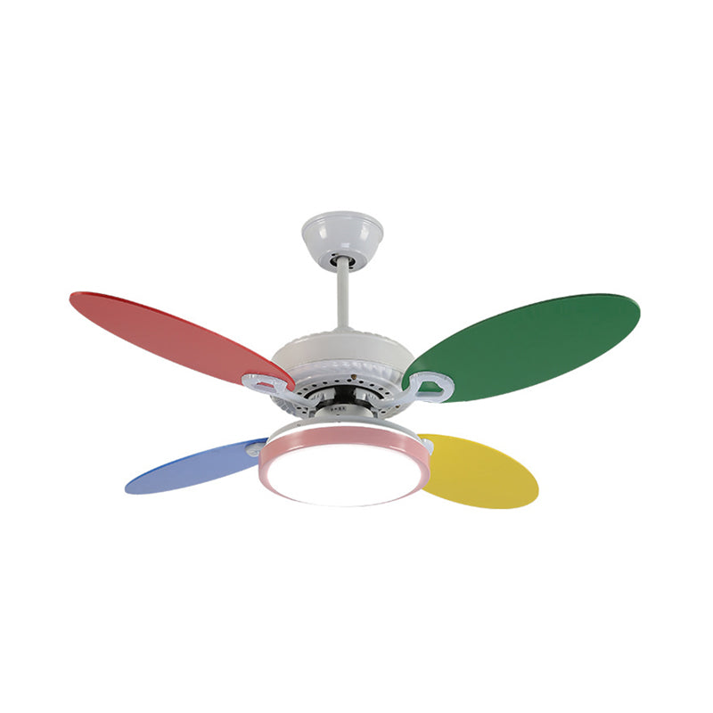 42" W Round Acrylic Semi Flushmount Nordic Kids LED Hanging Ceiling Fan Lamp in White with 4 Colorful Blades