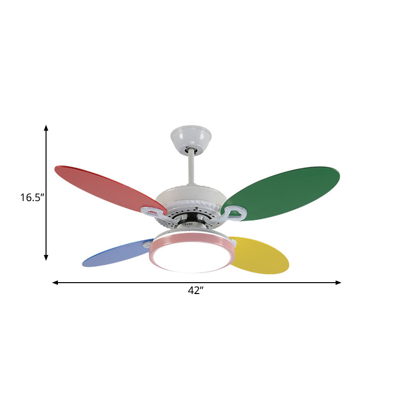 42" W Round Acrylic Semi Flushmount Nordic Kids LED Hanging Ceiling Fan Lamp in White with 4 Colorful Blades