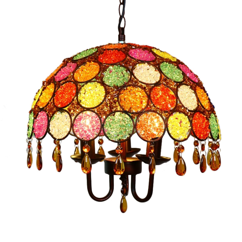Bowl Metal Pendant Chandelier Antique 3 Heads Dining Room Hanging Ceiling Light in Bronze with Crystal Accent