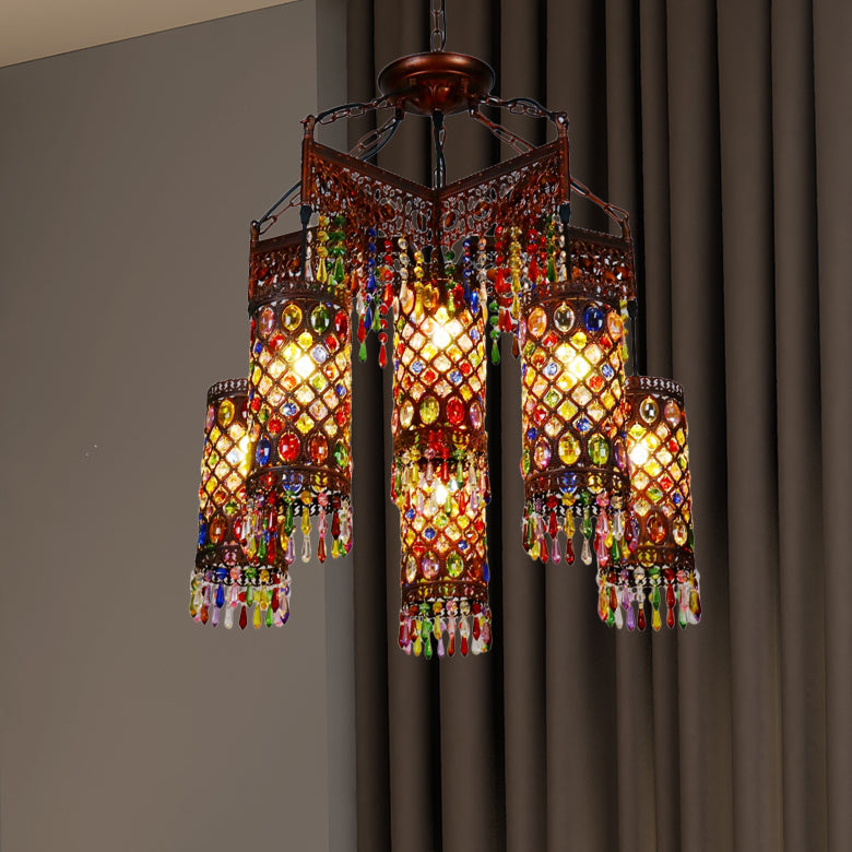 6 lampen hangende kroonluchter Boheemse cilinder metalen hanger lichtarmatuur in koper voor woonkamer