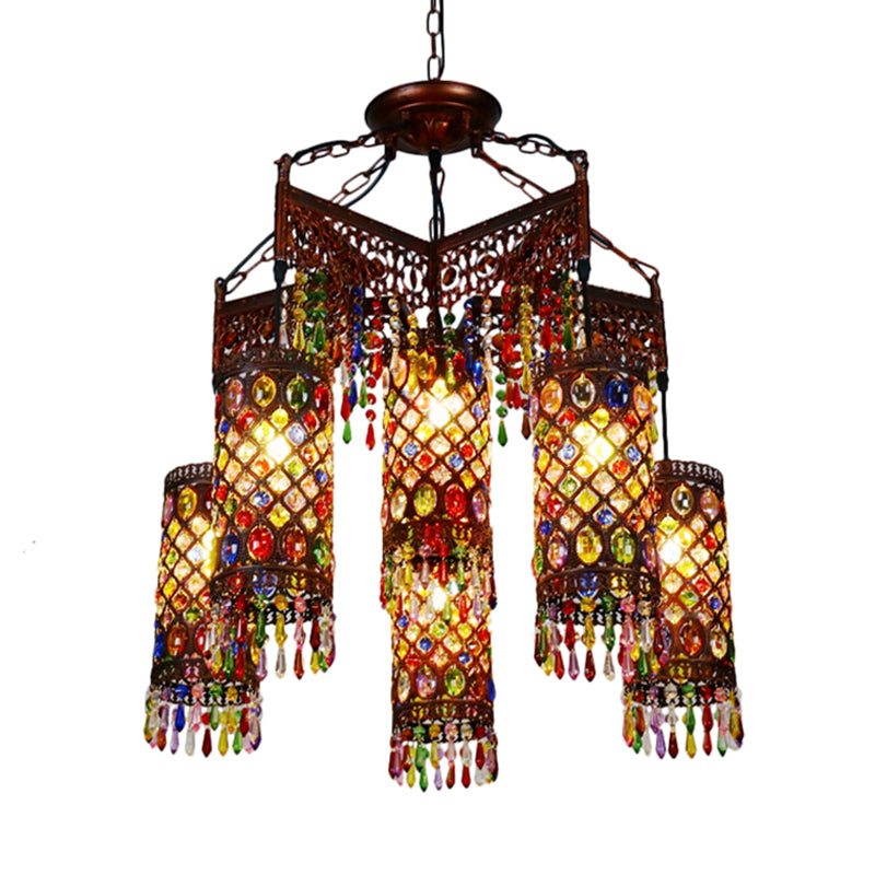 6 ampoules suspendues lustre suspendu Bohemian Cylinder Metal Pendant Lightture en cuivre pour le salon