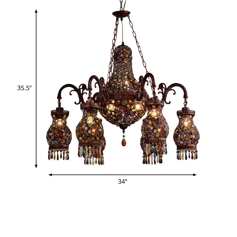 Urn Shaped Restaurant Ceiling Chandelier Bohemian Metal 9 Lights Copper Hanging Lamp Kit