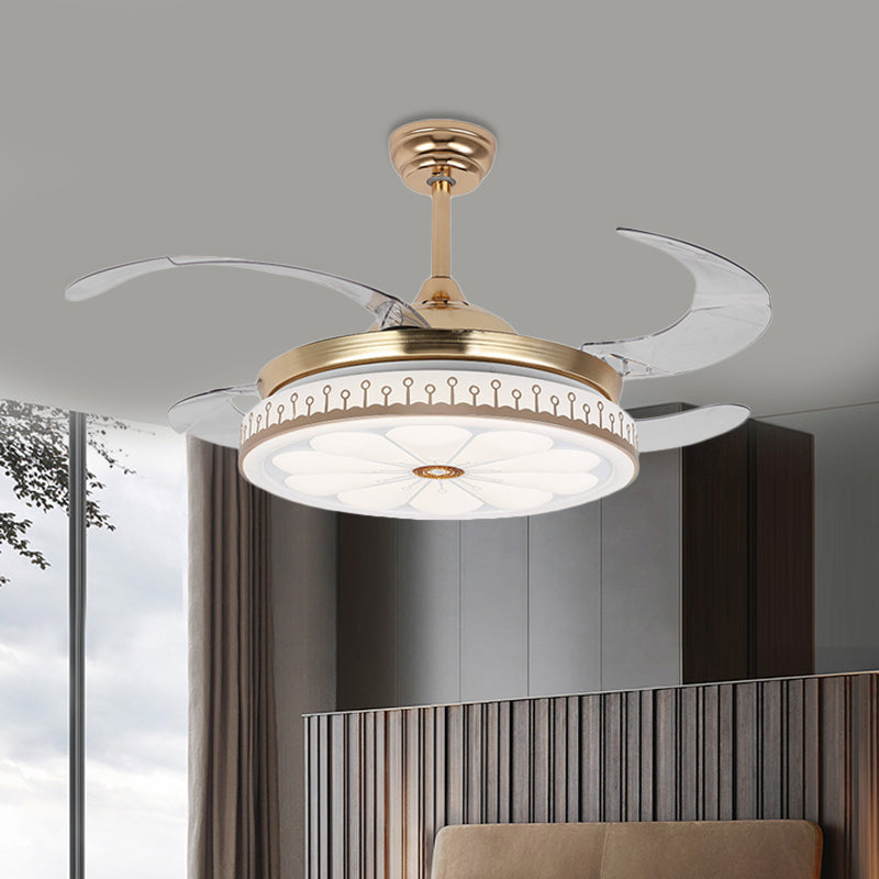 LED 42" W Round Fan Lamp Modern Gold Metal 4 Blades Semi Flush Mount Lighting for Bedroom, Remote/Wall Control/Remote and Wall Control