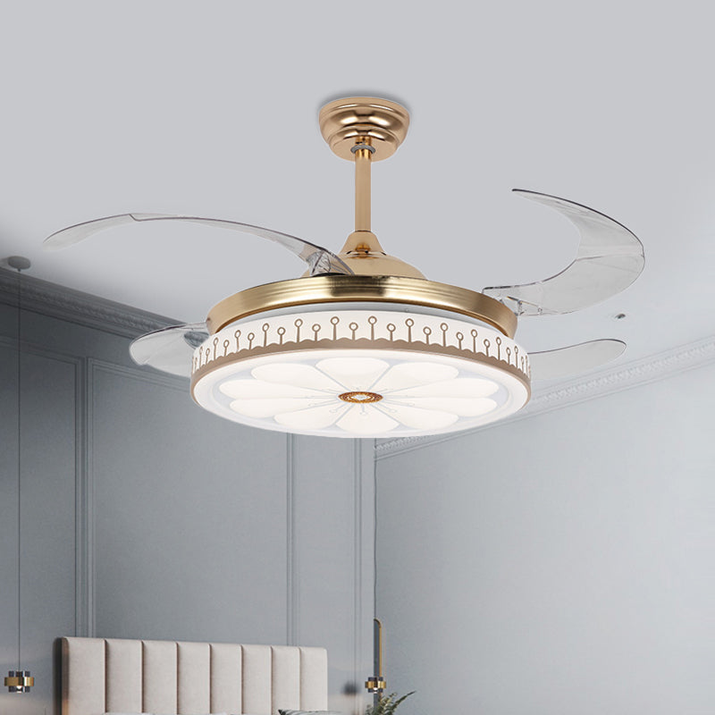 LED 42" W Round Fan Lamp Modern Gold Metal 4 Blades Semi Flush Mount Lighting for Bedroom, Remote/Wall Control/Remote and Wall Control