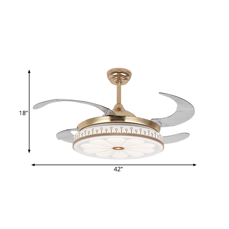 LED 42" W Round Fan Lamp Modern Gold Metal 4 Blades Semi Flush Mount Lighting for Bedroom, Remote/Wall Control/Remote and Wall Control