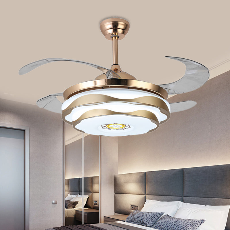 Metal Gold Pendant Fan Lamp Circular LED 42" Wide Modern 4 Blades Semi Flush Ceiling Light Fixture for Bedroom, Remote/Wall Control/Remote and Wall Control