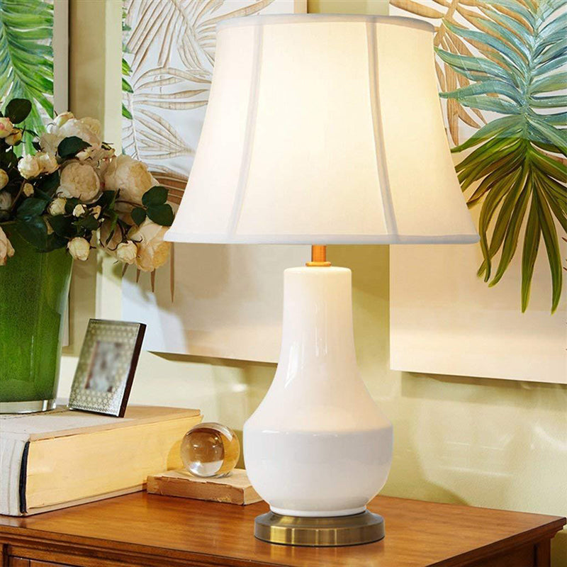 Modern Bell Shape Desk Lamp Fabric 1 Bulb Table Light in White with Jar Ceramic Base