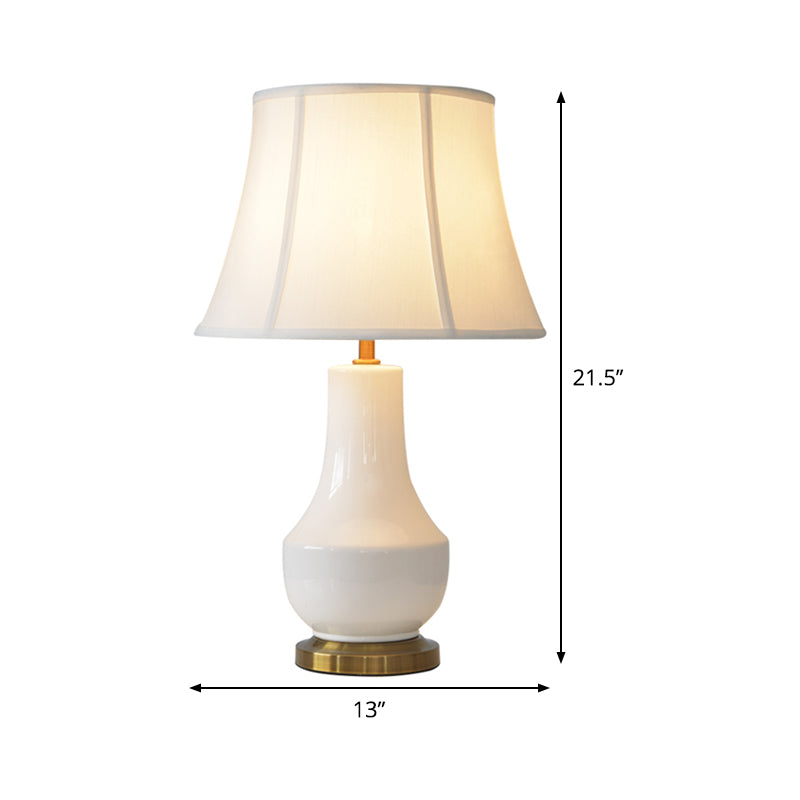 Modern Bell Shape Desk Lamp Fabric 1 Bulb Table Light in White with Jar Ceramic Base