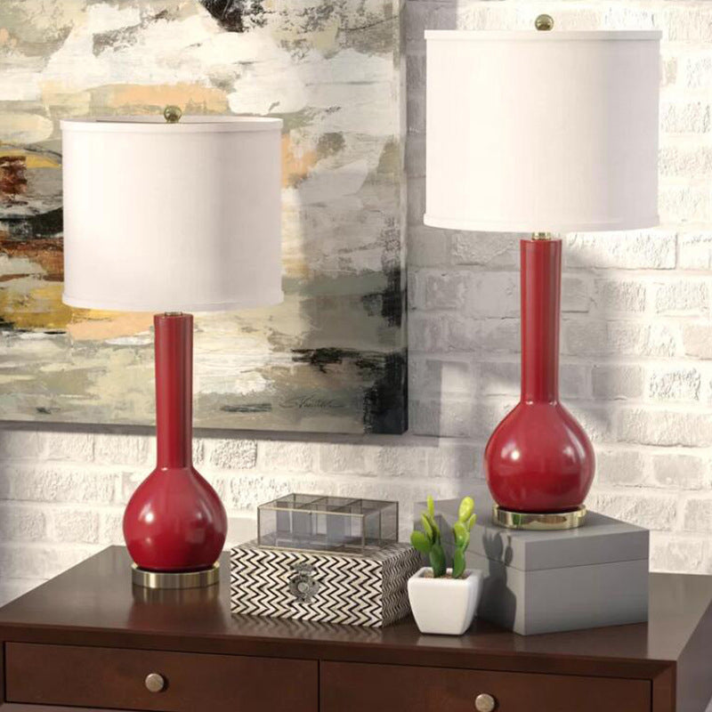 Fabric Cylinder Table Light Modernist 1 Head Red/White Small Desk Lamp for Dining Room