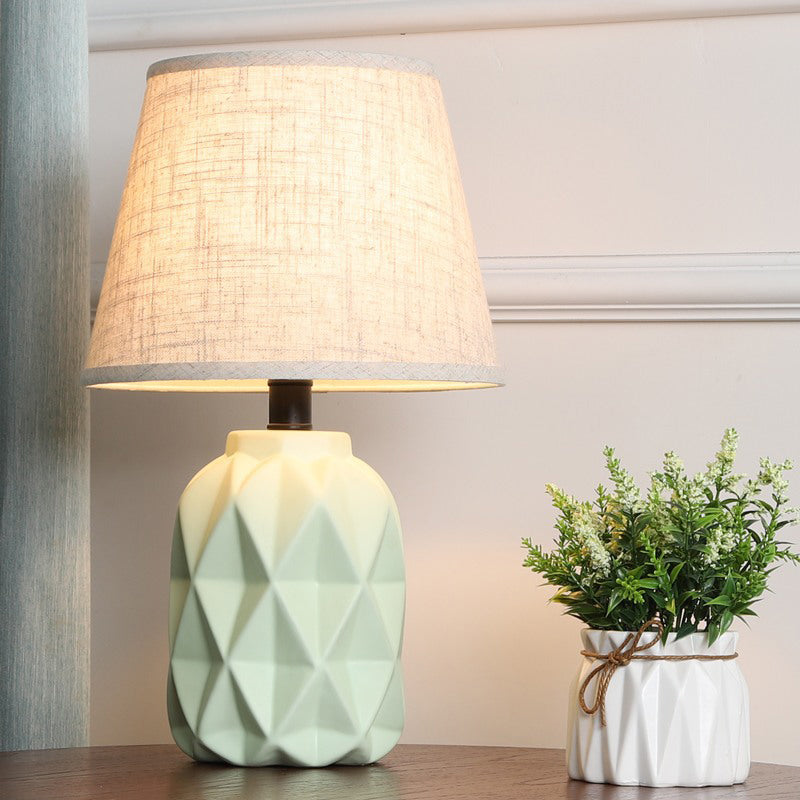 Grey Flare Desk Light Modernist 1 Bulb Fabric Night Table Lamp, Urn Green Ceramic Base