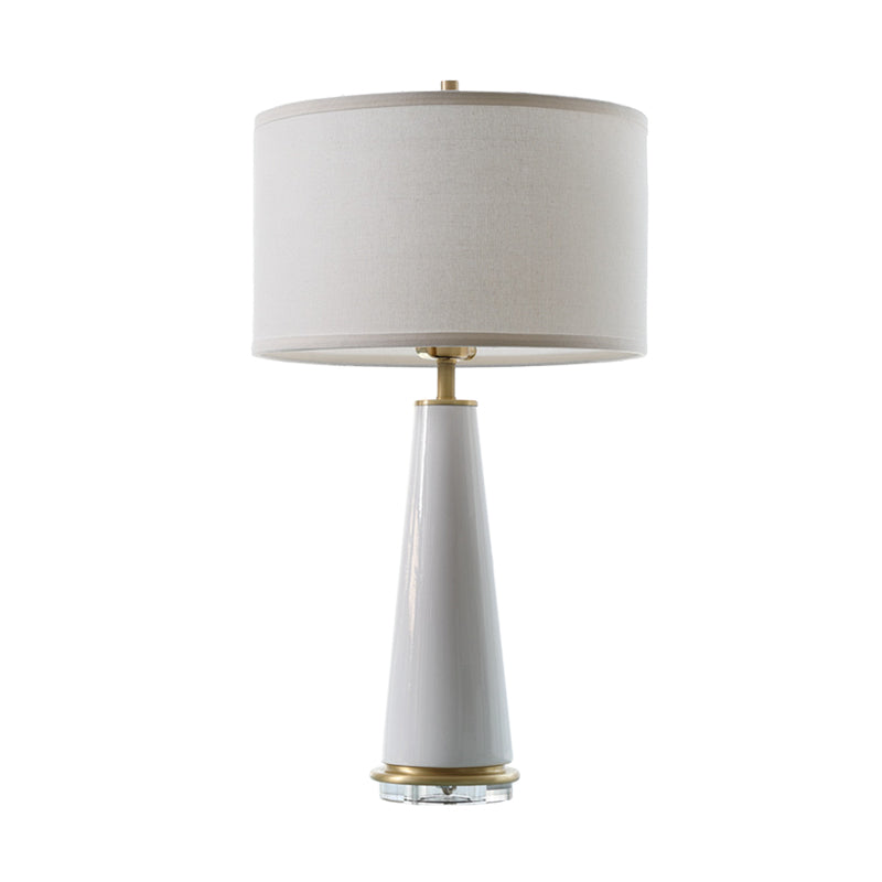 Fabric Cylinder Table Light Modern 1 Bulb Desk Lamp in White with Cone Ceramic Base