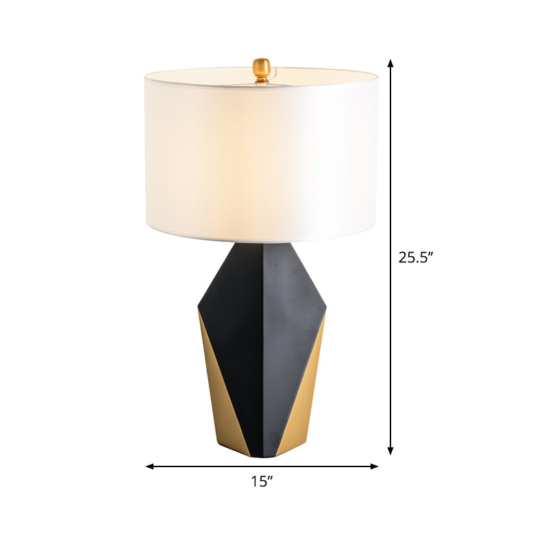 Drum Fabric Table Light Modern 1 Bulb White Reading Lamp, Geometric Black Metal Base