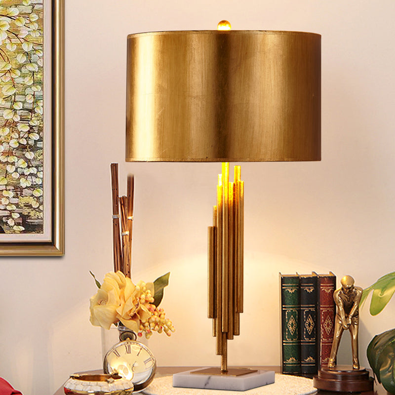 Gold Drum Night Table Lamp Modern 1 Head Metal Nightstand Lighting for Living Room