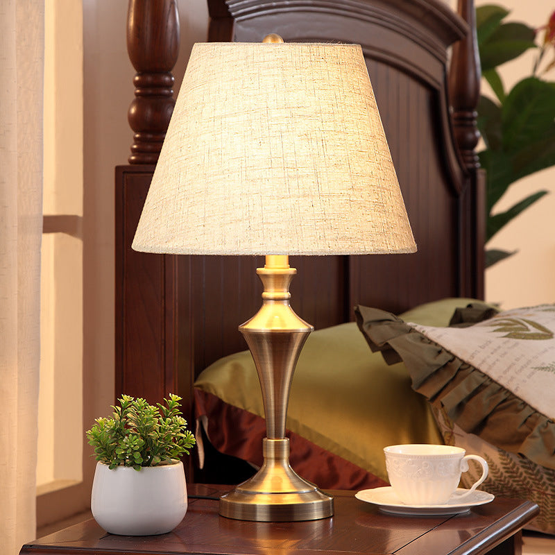 Nordic Tapered Metal Nightstand Lamp Fabric 1 Light Living Room Night Table Lighting in Flaxen