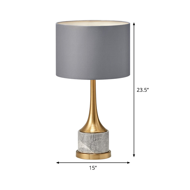 Grey Drum Night Light Minimalist 1 Head Metal Table Lamp with Fabric Shade for Living Room