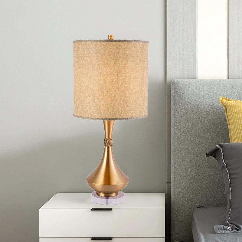 1-Light Bedroom Nightstand Light Simplicity Flaxen Metal Table Lamp with Cylindrical Fabric Shade