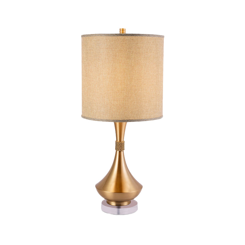 1-Light Bedroom Nightstand Light Simplicity Flaxen Metal Table Lamp with Cylindrical Fabric Shade