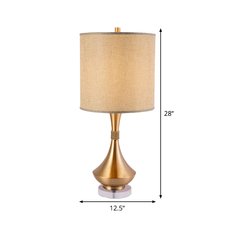 1-Light Bedroom Nightstand Light Simplicity Flaxen Metal Table Lamp with Cylindrical Fabric Shade