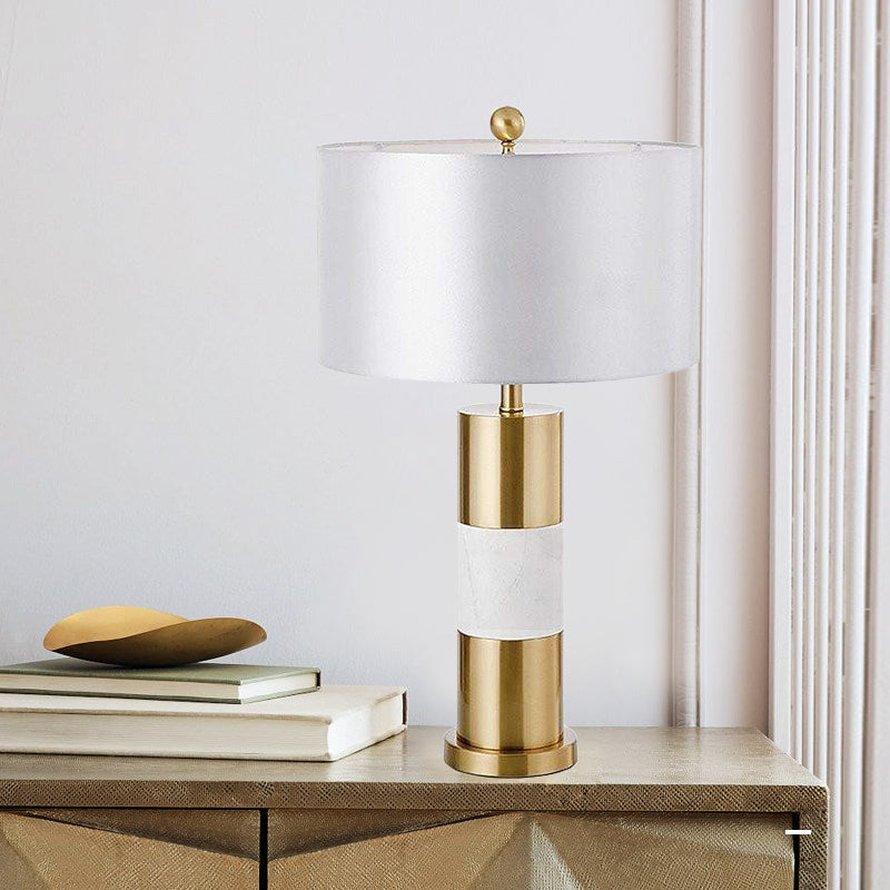 White Column Metal Table Lamp Minimalism 1-Light Fabric Nightstand Lighting for Bedroom