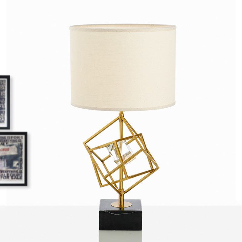 Drum Task Lamp Modern Fabric 1 Head Gold Reading Light with Rectangle Black Marble Base