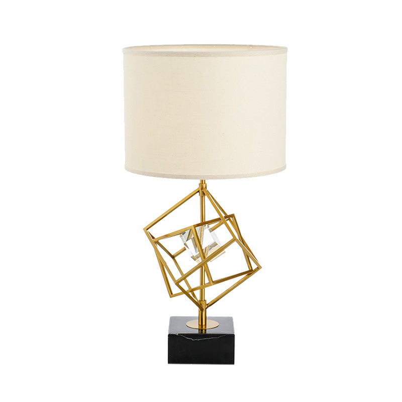 Drum Task Lamp Modern Fabric 1 Head Gold Reading Light with Rectangle Black Marble Base