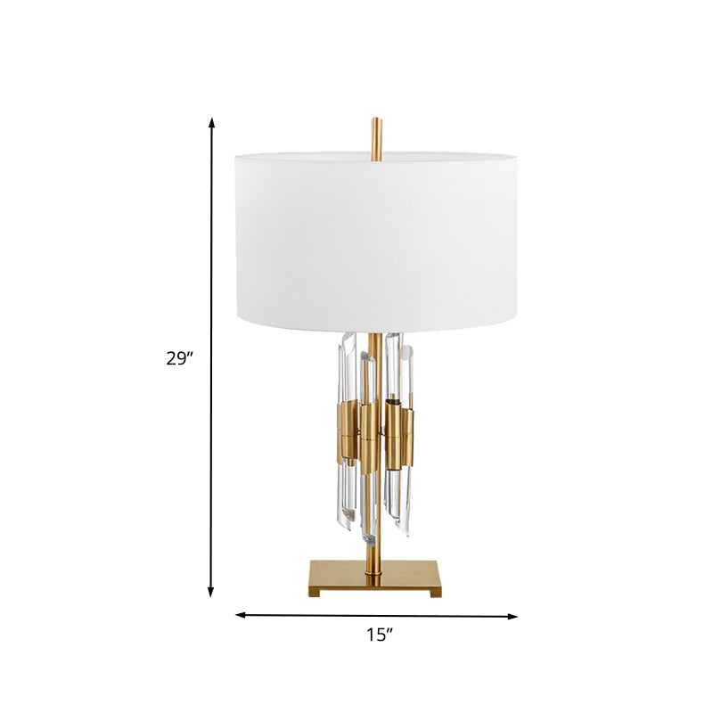 Fabric Cylinder Desk Lamp Modern 1 Head White Table Light, Rectangle Gold Metal Base