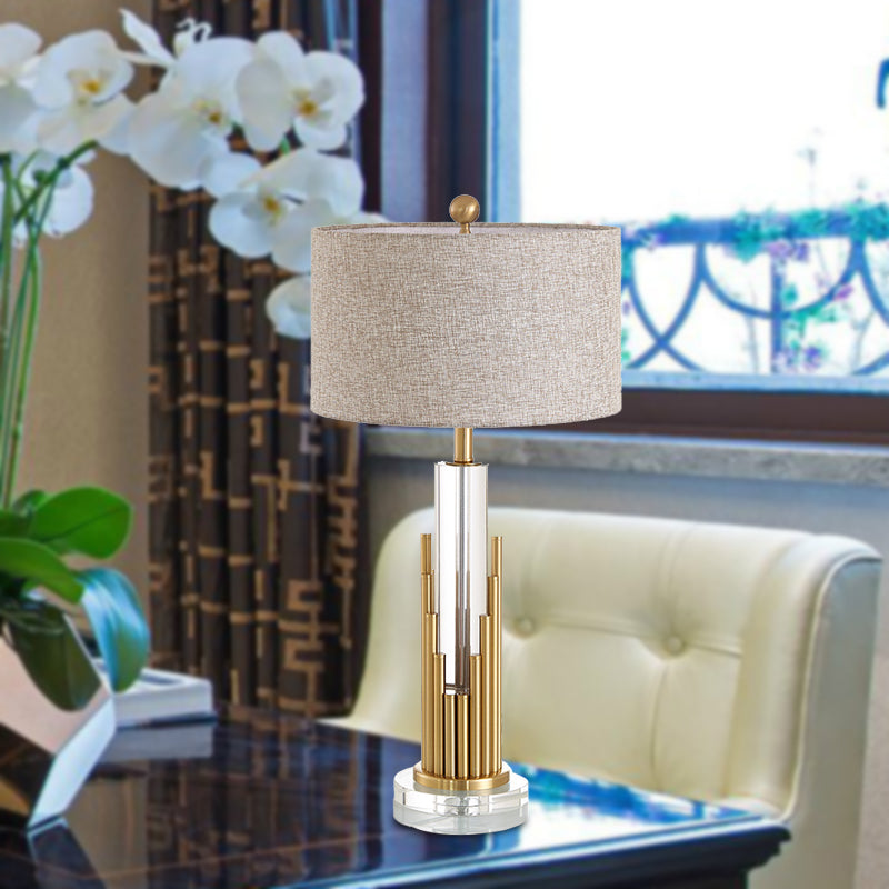 Modern Column Table Lamp Clear Crystal 1 Head Desk Light in Gold with Fabric Shade