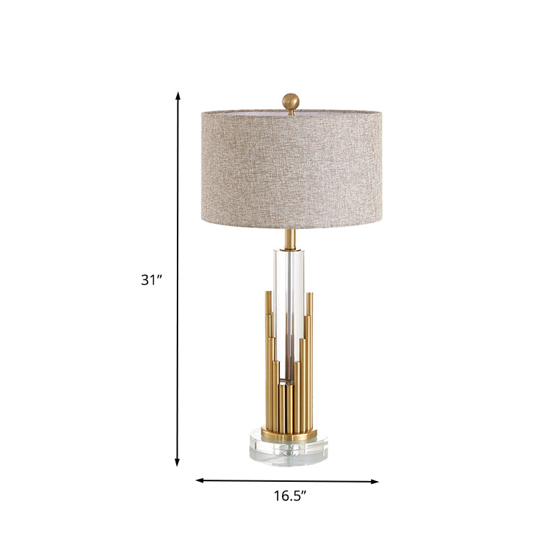 Modern Column Table Lamp Clear Crystal 1 Head Desk Light in Gold with Fabric Shade