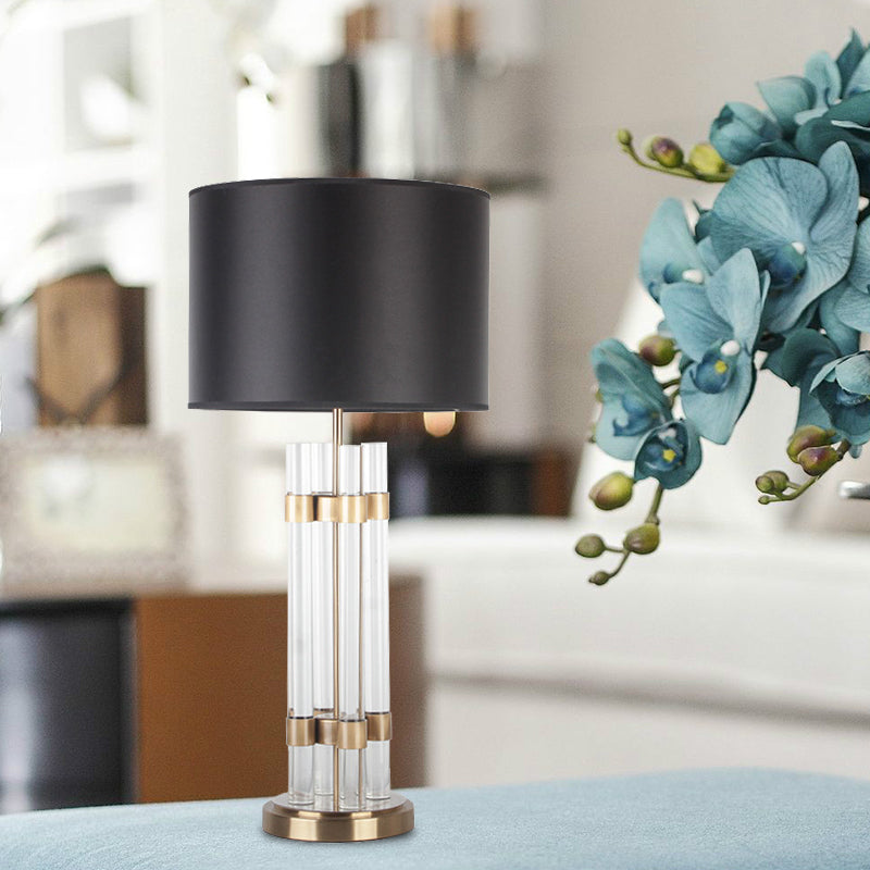 Barrel Fabric Desk Light Modern 1 Head Gold Night Table Lamp with Clear Crystal Base