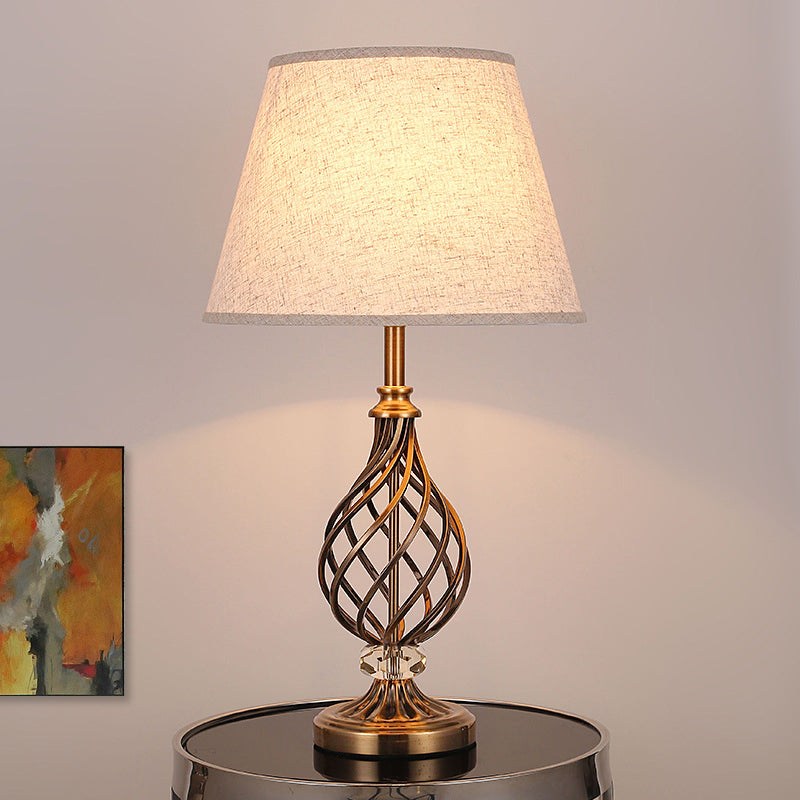 Fabric Conical Table Light Modern 1 Bulb Grey Desk Lamp with Laser Cut Gold Metallic Base