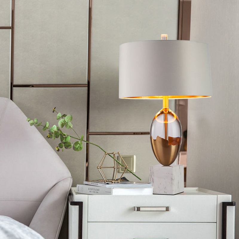 Drum Shade Table Lamp Modern Fabric 1 Bulb Gold Desk Light with Square White Marble Base