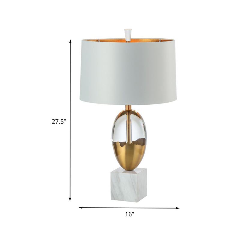 Drum Shade Table Lamp Modern Fabric 1 Bulb Gold Desk Light with Square White Marble Base